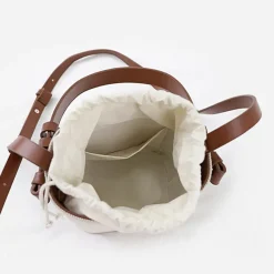 Sac Bandoulière Sac À Main^Petit sac seau toile et cuir blanc-casse