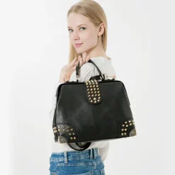 Sac Bandoulière Sac À Main|Sac Cabas Et Fourre-tout^Sac à main clouté en cuir avec dorure noir